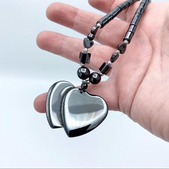 Hematite Hearts Pendant Beaded Statement Necklace - Picture 3 of 8